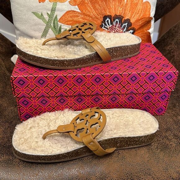 TORY BURCH CLOUD SHEARLING LEATHER MILLER SANDALS NATURAL CORK VGUC SZ 8M - Picture 4 of 14